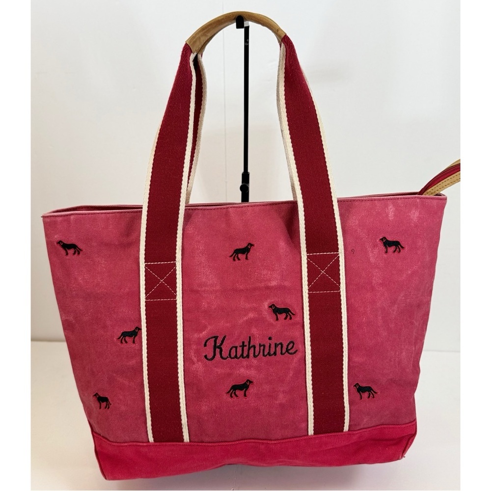 L.L. Bean Vintage Boat Tote Bag Embroidered Black Dog Canvas & Leather Light Red - Picture 5 of 15